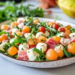 Insalata di melone con prosciutto di pollo mozzarella e rucola