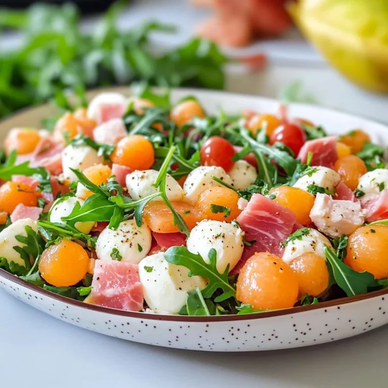 Insalata di melone con prosciutto di pollo mozzarella e rucola
