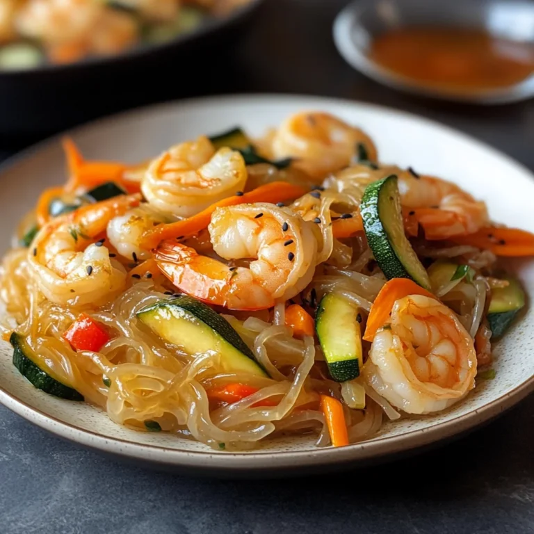 Spaghetti di soia con verdure e gamberi